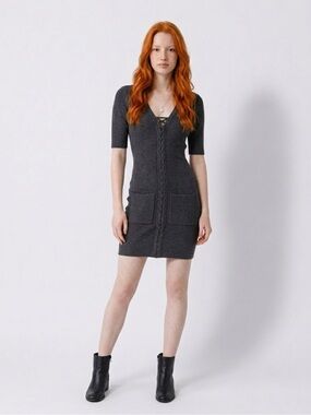 Guess Charcoal Lace-Up Knit Mini Dress